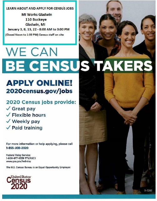 Start off 2020 on the right foot - come to the Gladwin County Michigan Works! office and apply for job to be a Census Taker.
#Census2020 #GladwinCounty #MiWorksRegion7B