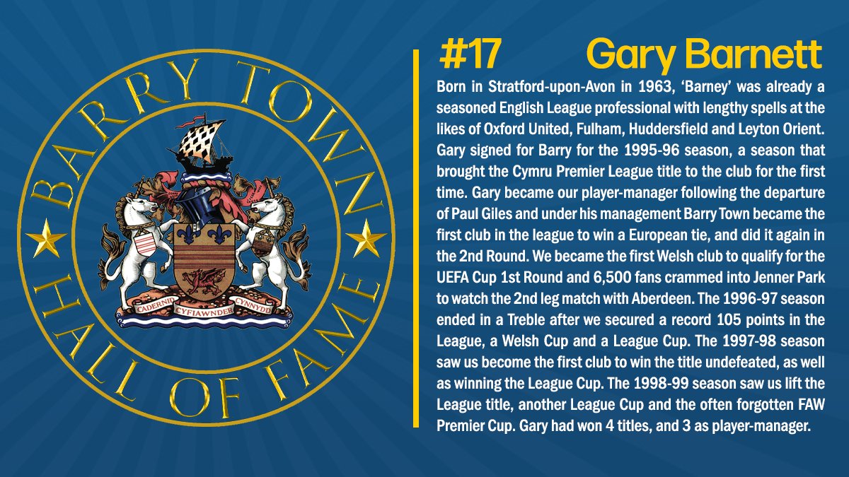 BarryTownHOF's tweet photo. Four @CymruLeagues titles, three of them as player-manager, 1 Welsh Cup, 1 FAW Premier Cup and 3 League Cups, @fakegarybarnet was @BarryTownUnited's record-breaking manager in the 1990s. A season undefeated, record points, record goals and THAT summer of '96, thanks Barney #BTHOF https://t.co/9ZYvI8xdaB