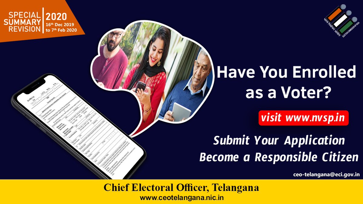 blame_17's tweet photo. Have You Enrolled as a Voter?

#SSRTelangana2020
#SSR2020
#ECI
#CeoTelangana
#SpecialSummaryRevision2020 
https://t.co/DEVubB2wPI