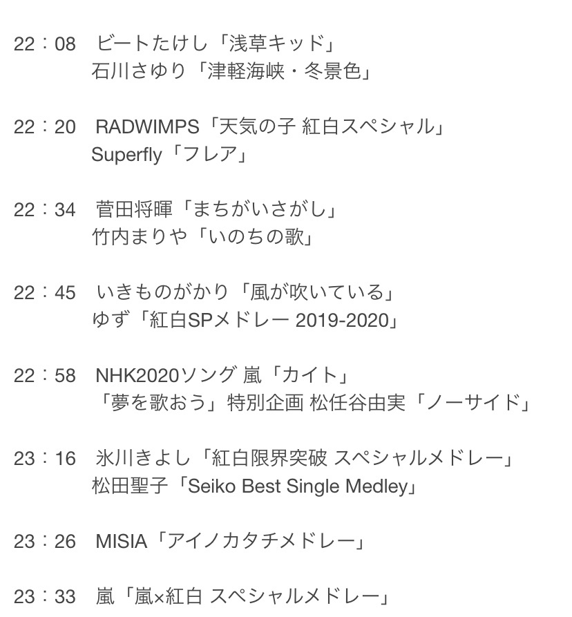 hanshinAnime's tweet photo. 紅白の細かいタイムテーブル貼っておきます
曲順は公式サイトにて既に発表されていてかつ"分"はあくまで目安の時刻なので100%鵜呑みにせず参考程度に😅 #紅白歌合戦 https://t.co/P4uWbd6WY9