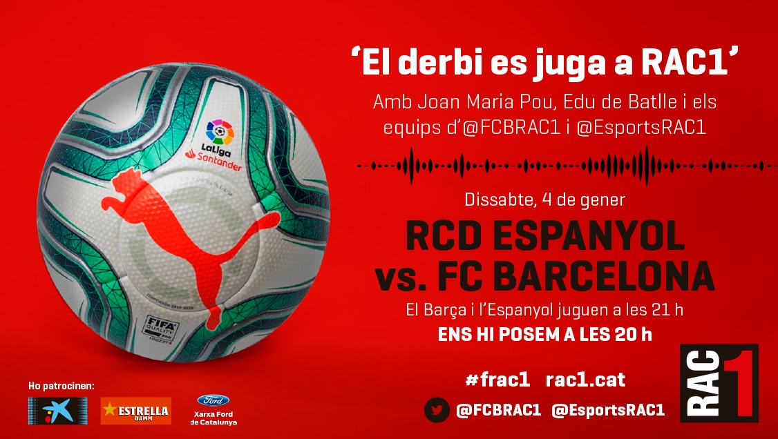 EsportsRAC1's tweet photo. 💥 @EsportsRAC1 et convida al derbi de Cornellà-El Prat! 

🎟Sortegem una entrada doble per a l'ESPANYOL-BARÇA!
👉Fes RT al tuit fixat

📆dissabte 4/1 ⏰21h
📍RCDE Stadium
🍀Sorteig divendres al #TuDiràs https://t.co/Yc4rAfsoQe