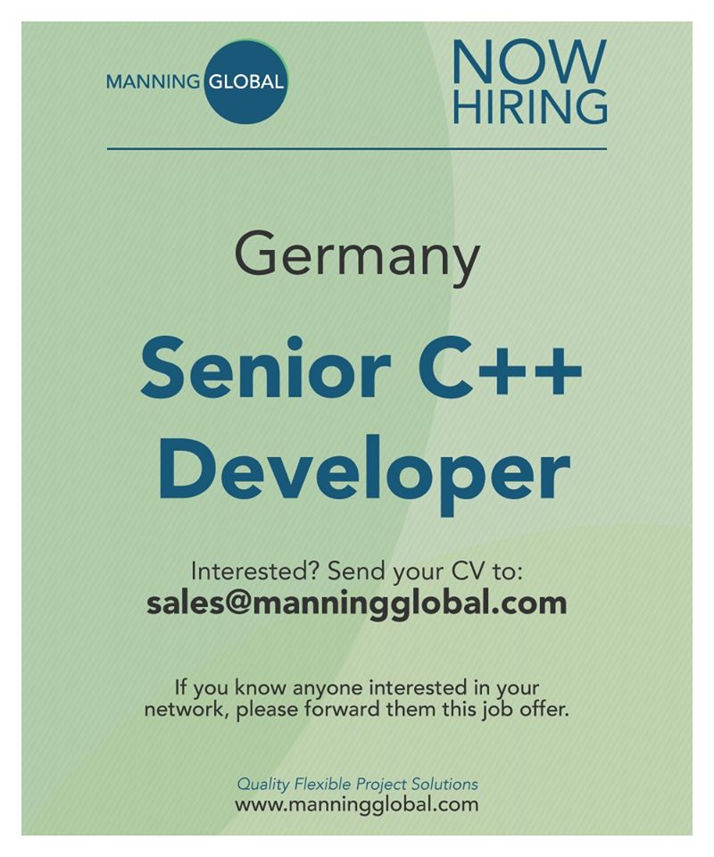 ManningGlobal's tweet photo. New job in #Germany! 🇩🇪 Our client is recruiting for a SENIOR C++ DEVELOPER! Send your CV to sales@manningglobal.com
#Developer #Linux #Coding #SoftwareDevelopment #QtFramework #QtCore #GUI #Network #Qt #Programming #GIT #SCRUM #Python #Django https://t.co/XEy30Fa6KT