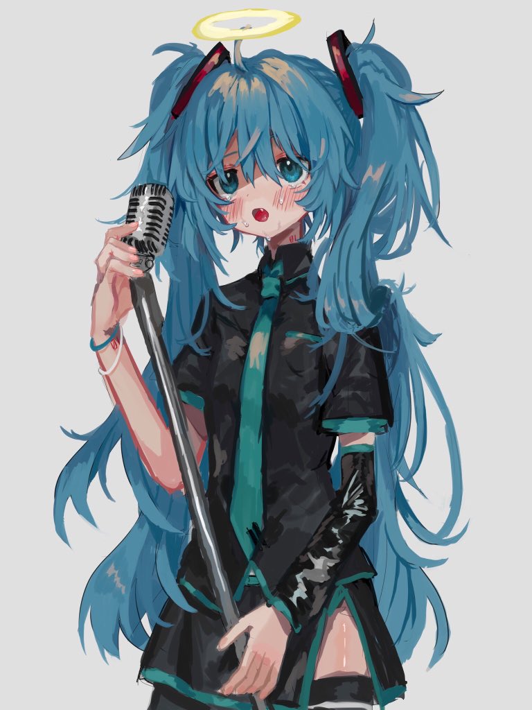 hatsune miku 1girl solo halo microphone long hair necktie twintails  illustration images