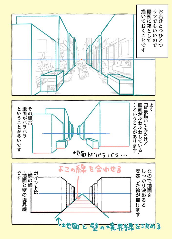 背景講座まんが 
今回は透視図法、一点透視のお話です。(1/2) 