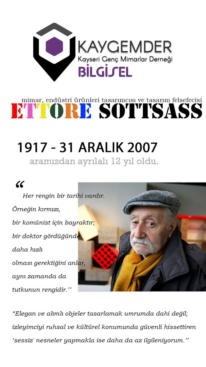 kaygemder's tweet photo. Bilgisel paylaşımlarımızda bugün: Ettore Sottsass (1917-2007)
#bilgisel #kaygemder #ettoresottsass https://t.co/Qwov0G7QNG