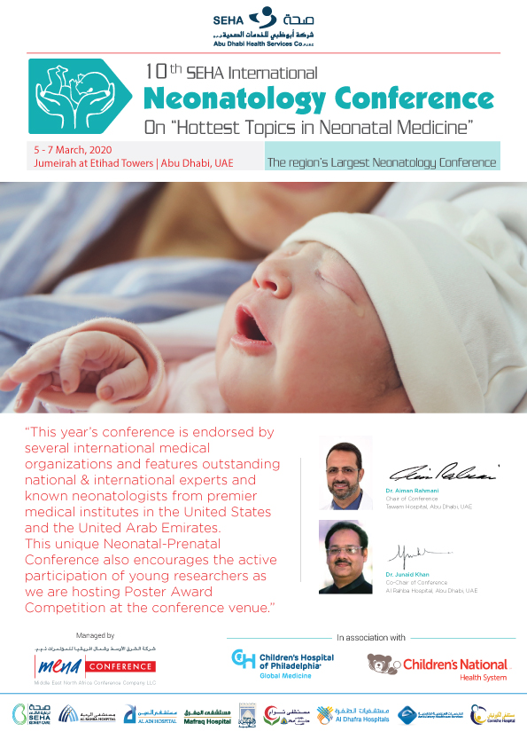 Mena_Conference's tweet photo. The 10th edition of the SEHA International Neonatology Conference will commence on 5 - 7 March, 2020 at Jumeirah Etihad Towers Hotel, Abu Dhabi, UAE.
To registration for this event, please visit https://t.co/FhZ8JETlnf

#Neonatology #MedicalConference #CMEProgram #AbuDhabiCME https://t.co/pgNl68c9CQ