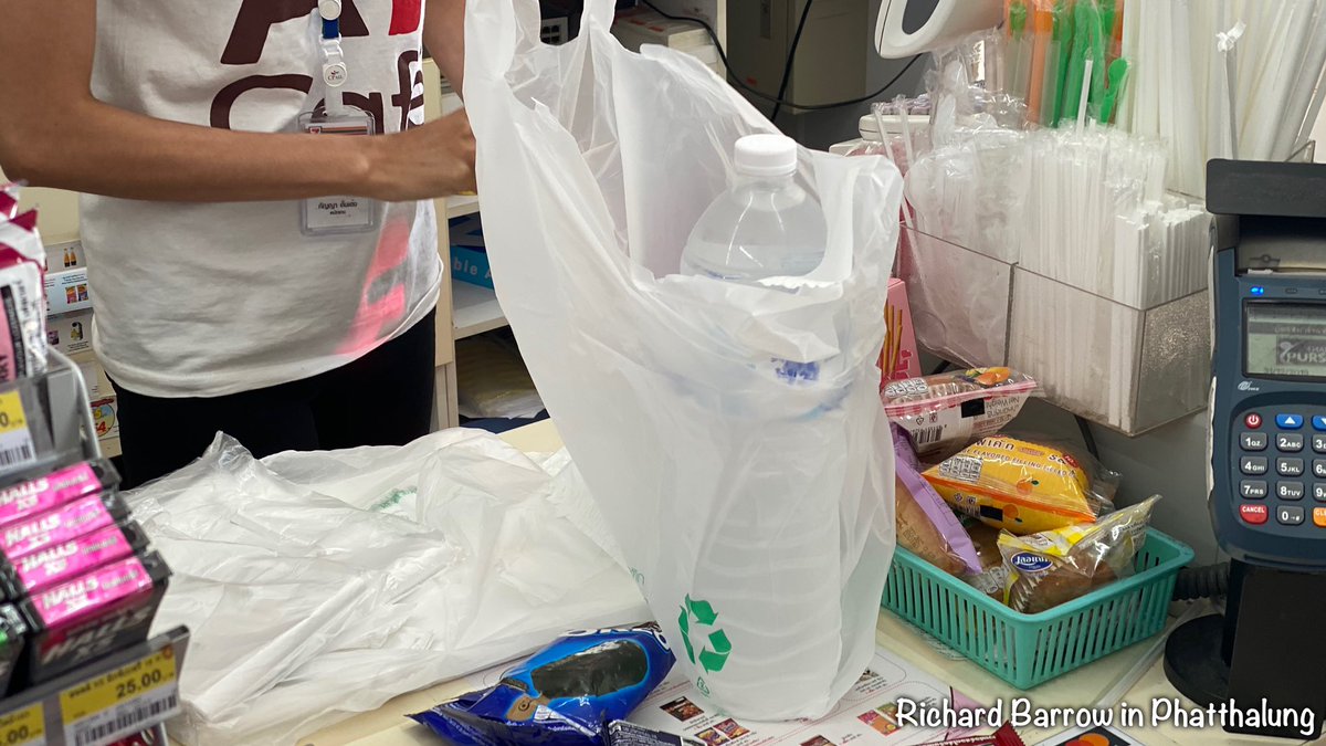 Tomorrow is d-day for many shops around #Thailand to stop handing out plastic bags. Even 7-Eleven. Out of interest, I asked the cashier at this one what will happen with all of the plastic bags on 1st January. She said that they will most likely throw them away.