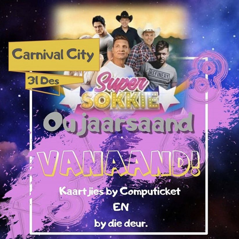 Ons sien julle vanaand by <a href="/CarnivalCitySA/">Carnival City</a> Super Sokkie Oujaarsaand. Kom dans saam. <a href="/kurtdofficial/">Kurt Darren</a> <a href="/juanboucher007/">Juan Boucher</a> @Dirkvdw <a href="/DieCampbells/">Campbells</a>