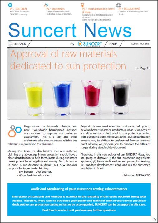 SUNCERT_SAS's tweet photo. Read our "Suncert News" with the N°8 to discover the approval by SUNCERT of raw material dedicated to sun protection and the N°9 to inform you about the 1st sunscreen testing laboratory certified by SUNCERT. https://t.co/SLnUcbDxmW https://t.co/g2LdtiXh8y