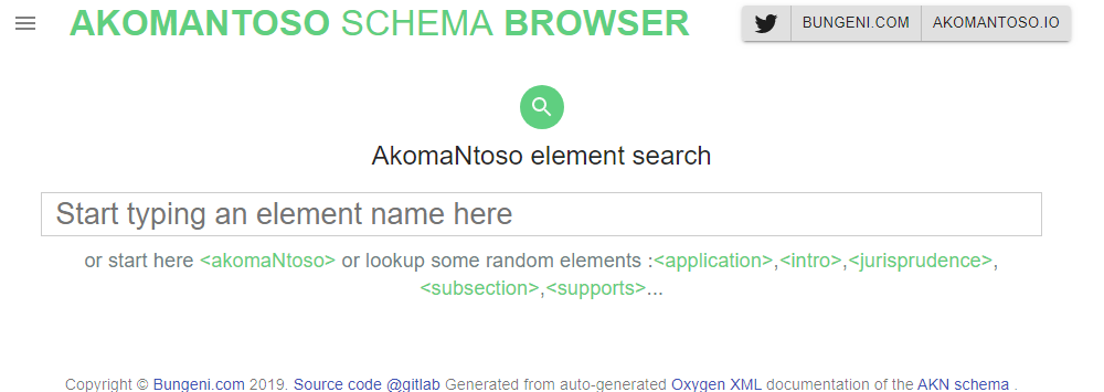 bungenicom's tweet photo. We updated the Akoma Ntoso schema browser to the final schema release. The schema browser is a tool that helps you navigate the hierarchy of the AKN schema without dealing with pattern abstractions like complex types, attribute groups etc.

https://t.co/ybkwhcPpPs https://t.co/zHSGj6YtkM
