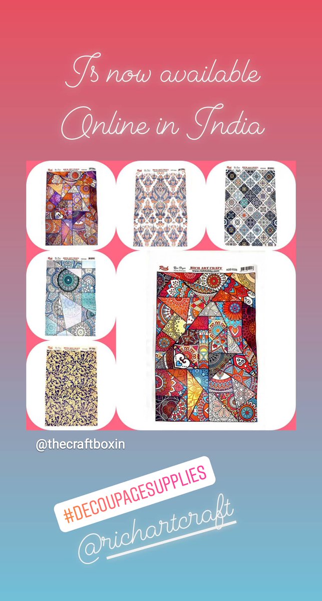 TheCraftBoxOff1's tweet photo. Richhobby Decoupage Rice Paper
@richartcraft Is now available online #thecraftbox #craftstore #firsttimeinindia Log on to https://t.co/2hfbZ9ok7e #richhobby #decoupageart #ricepaper #arty #craftsupplies #mdf #diycraft #decoupagepaper #creativeart https://t.co/SNdZyvxK57