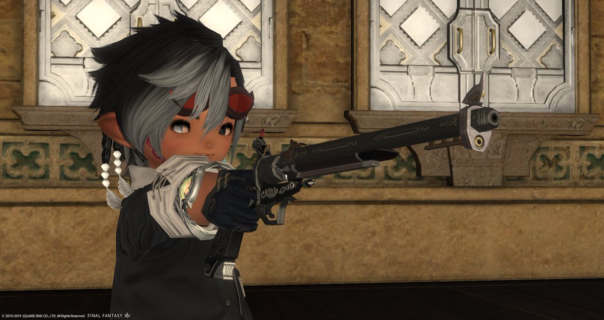 Ff14 Six Queen ツイステ きっこのミラプリ銃はゴーストバークにした 細いのかっこいい あと脚はソールカイでゲットしたんだけどジェットブラックで染色した作業着と同じ色合いだったので短パンのつなぎみたいで可愛いのだ