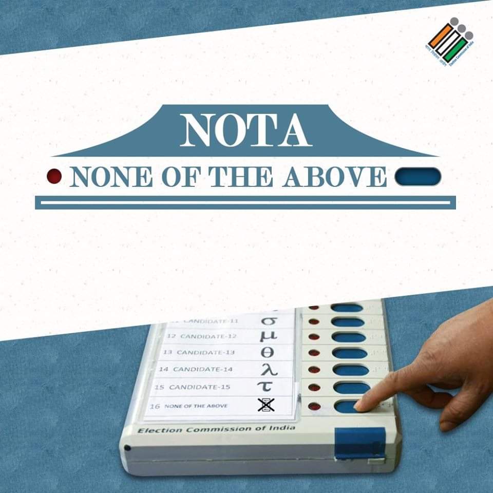 ECISVEEP's tweet photo. NOTA - 'None Of The Above' on EVM came into effect from 11th October, 2013. It enables electors to exercise their right not to vote for any candidate.

#ElectionCommissionOfIndia #ECI #NOTA #DoYouKnow https://t.co/rrhFDsLG5U