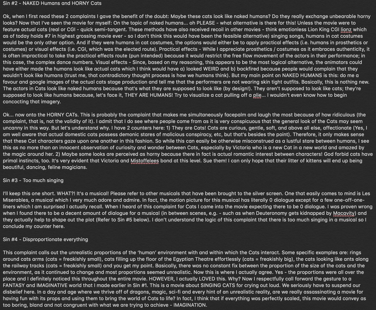 JasonPon's tweet photo. @catsmovie I watched Cats and was disappointed by the negative reviews it was receiving. I wrote a (somewhat) small response to all that (3 pics attached) to provide the review that the film deserves! https://t.co/OkleOTNlca