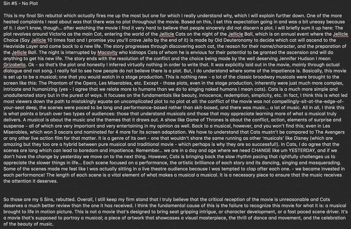 JasonPon's tweet photo. @catsmovie I watched Cats and was disappointed by the negative reviews it was receiving. I wrote a (somewhat) small response to all that (3 pics attached) to provide the review that the film deserves! https://t.co/OkleOTNlca