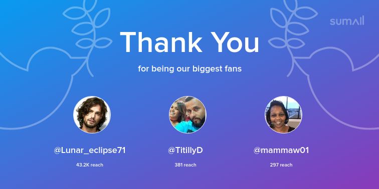 Our biggest fans this week: Lunar_eclipse71, TitillyD, mammaw01. Thank you! via sumall.com/thankyou?utm_s…