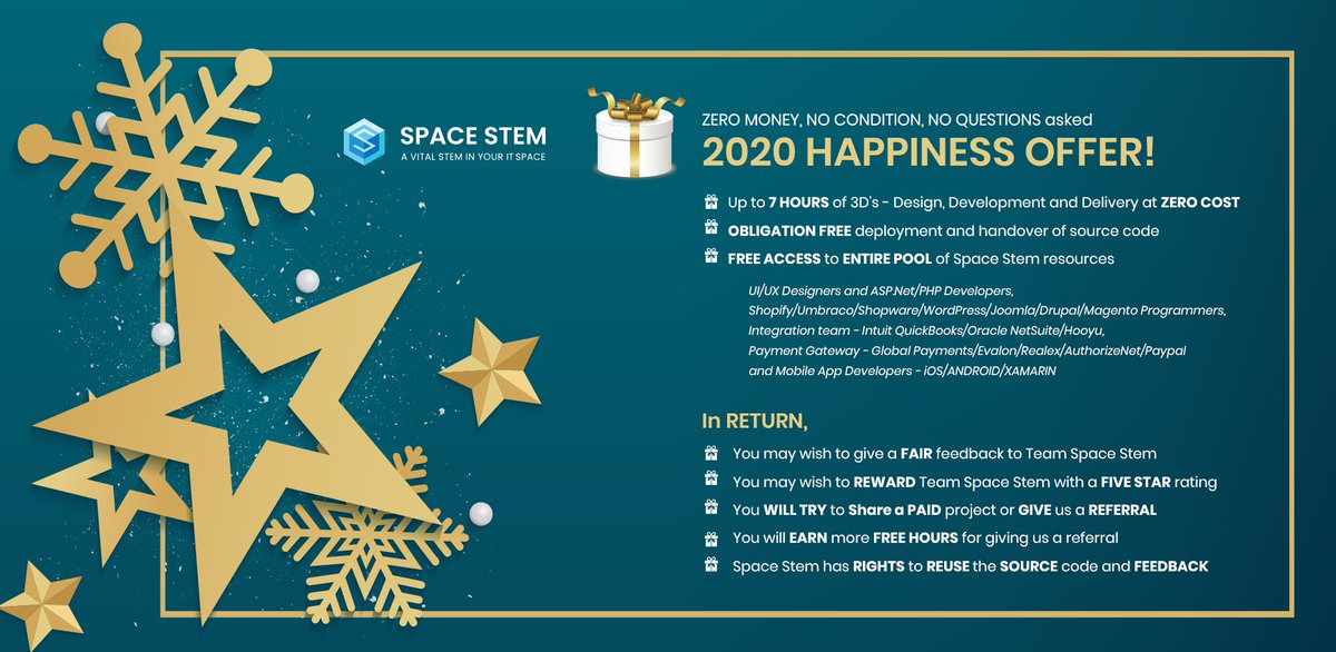 spacestem's tweet photo. Join us in the 2020 HAPPINESS Offer and start your New Year with style
https://t.co/qDIRdfHxL8
#happynewyear2020 #happyholidays #ITSolutions #2020Offer #ITServices #nopcommerce https://t.co/Y0maPiQ3bS