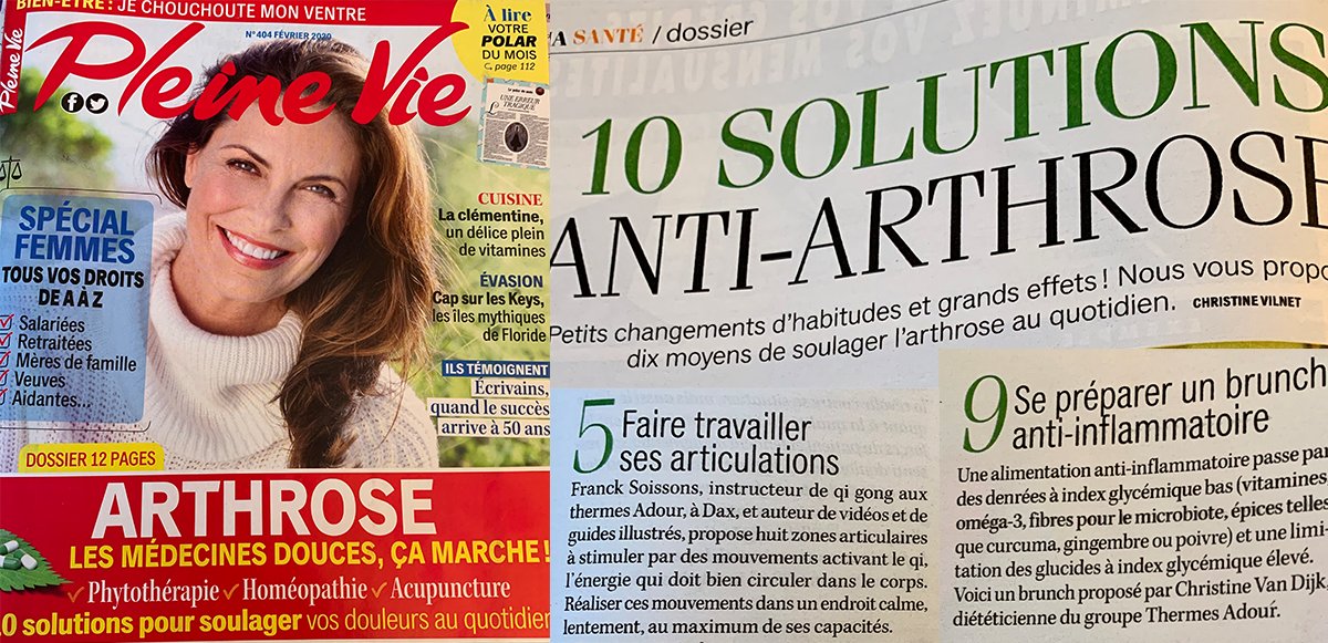 agence_mcp's tweet photo. Comment soulager son #arthrose ? 10 solutions à découvrir dans le magazine @pleine_vie daté février 2020. Parmi elles, #QiGong et alimentation #antiinflammatoire avec Franck Soissons et Christine Van Dijk, experts du groupe Thermes Adour dans le #GrandDax ! https://t.co/71wfkM63rB