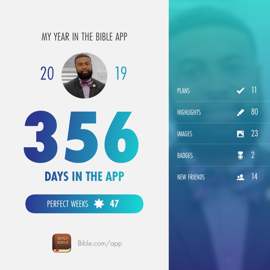 BernardJReeves's tweet photo. 2019 was a good year. The days I missed I can actually count on my finger. But that’s still 97%!!!!

2020, I’m going for 💯 

#BibleApp #ReadingTheWord #2019Recap #GodBeenGood https://t.co/TsdvomXqOf