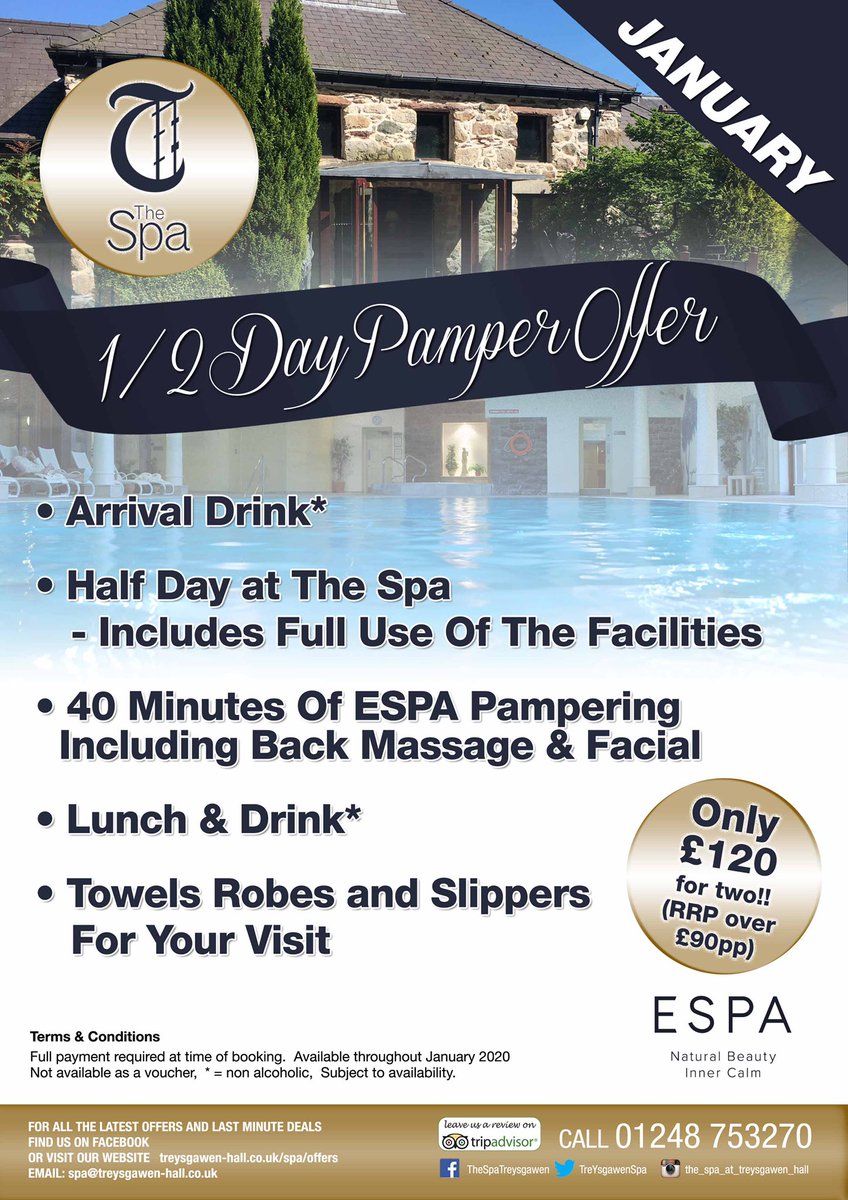 So much going on in January at the spa  2 pamper days offers!! we are only open today 10am- 4pm then we are closed until Friday 3rd January2020 at 10am 
We are unable it take bookings or accept any requests through social media email or call us.
#spa #Treysgawen #anglesey #offer
