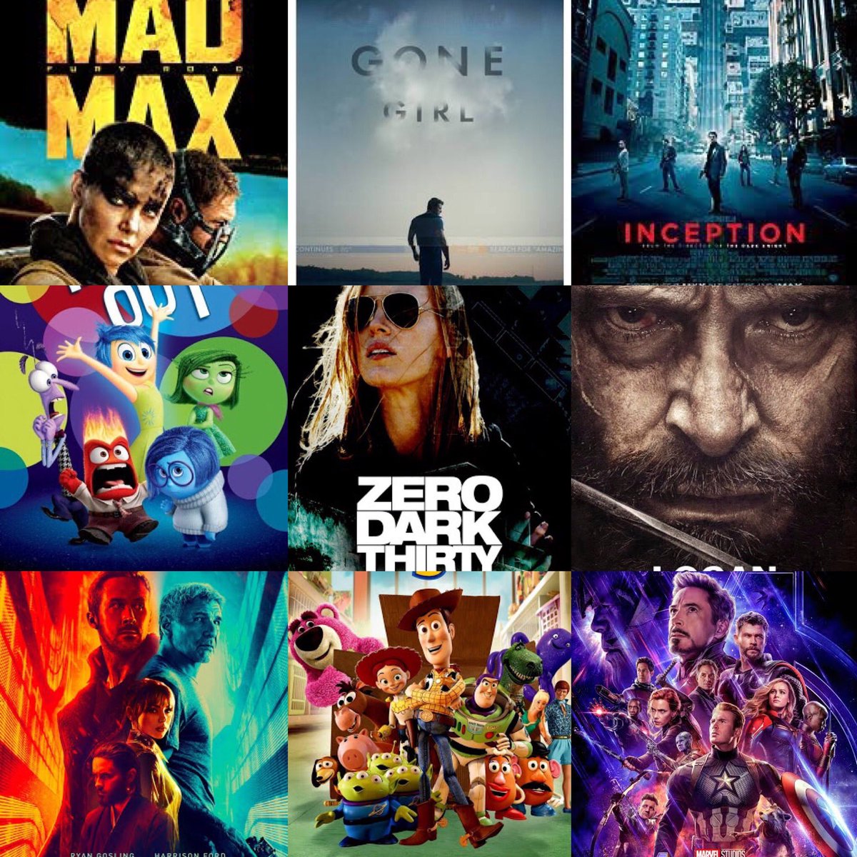 Favorite movies of the Decade: Mad Max Fury Road Inception Gone Girl Django Unchained Bladerunner 2049 Social Network Zero Dark Thirty Get Out Toy Story 3 BridesmaidsInside Out Skyfall Avengers Endgame Logan Gravity Nightcrawler Shutter Island