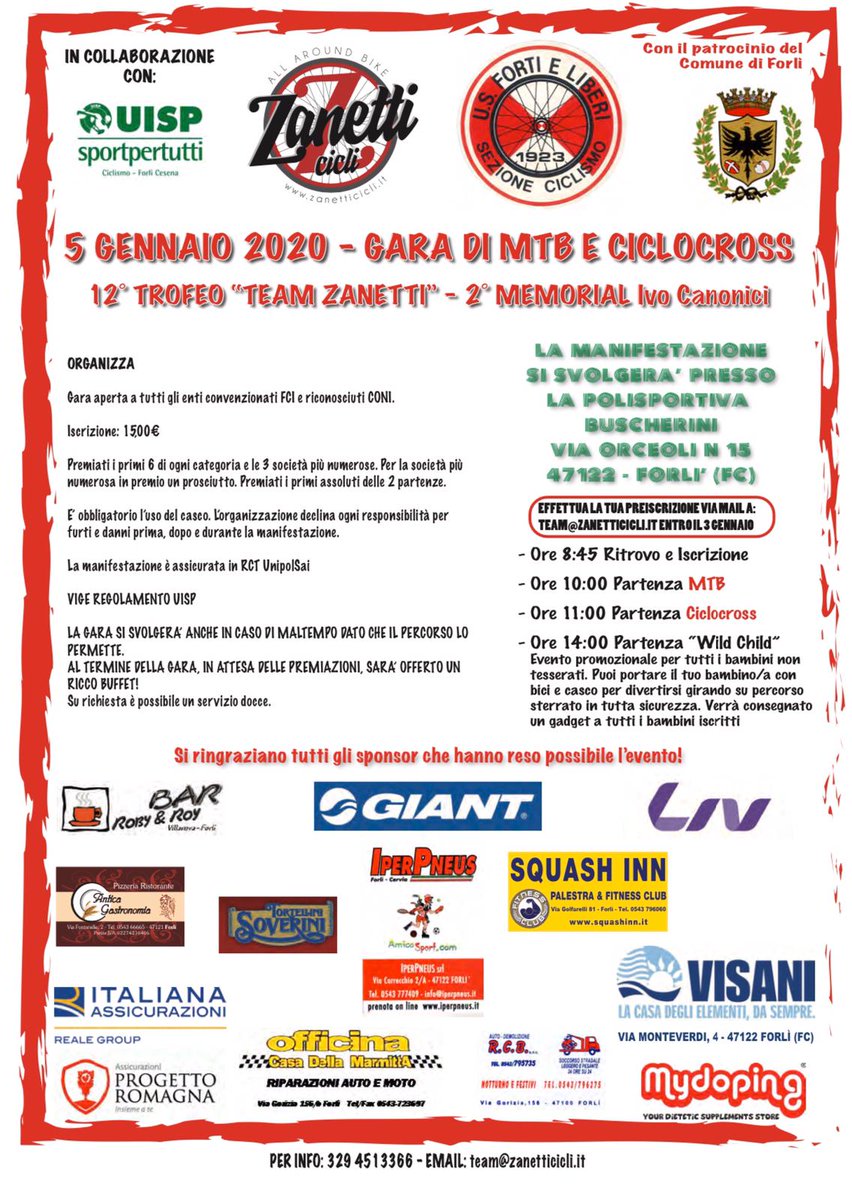 USFORTIELIBERI's tweet photo. Domenica 5 gennaio, al Polisportivo Otello Buscherini in via Orceoli 17 a Forlì, torna la gara ciclistica Trofeo Zanetti.............https://t.co/WpafJ1TlNN
@Zanetticicli https://t.co/95QG5IqAfc