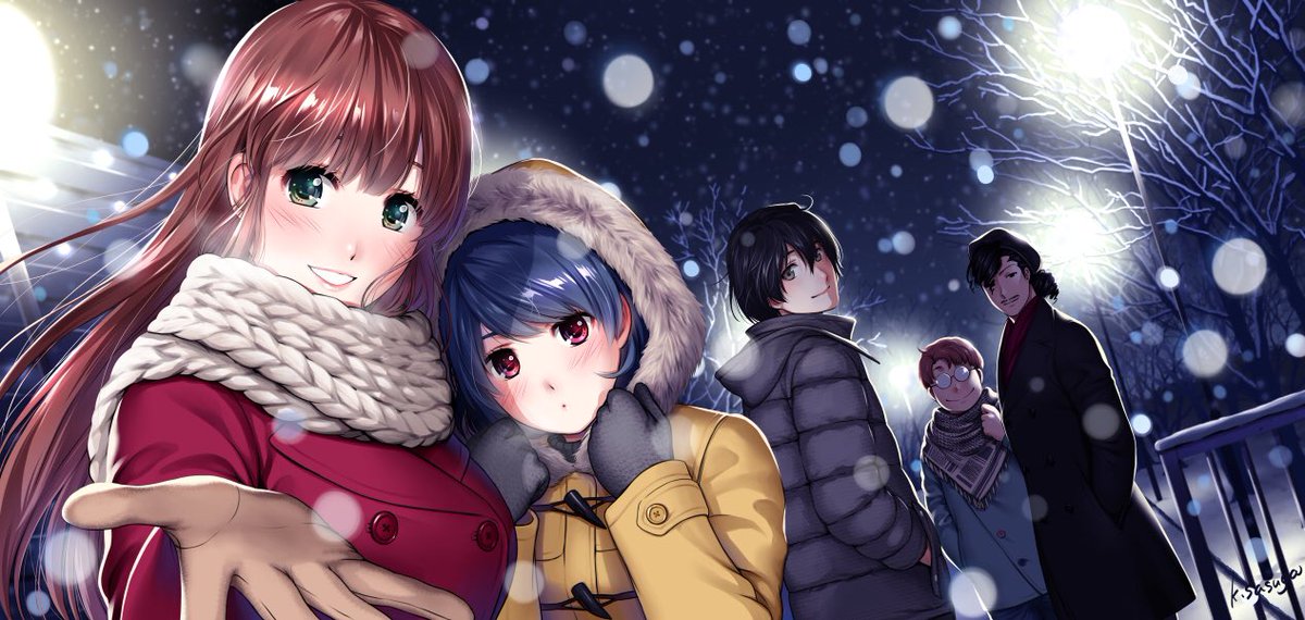 coat multiple girls multiple boys scarf brown hair smile gloves  illustration images