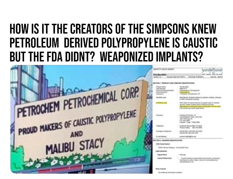 @Reuters @ReutersGraphics @SimonScarr In a 1- 4 hour surgery, MILLIONS of UNSUSPECTING patients 
were implanted with petroleum derived resin polypropylene plastic NEVER intended for permanent use in humans, unbeknownst to them.  #ChemicalShitStorm #TestTheMesh
#implantfiles  #medtwitter #IntellectualBrutality