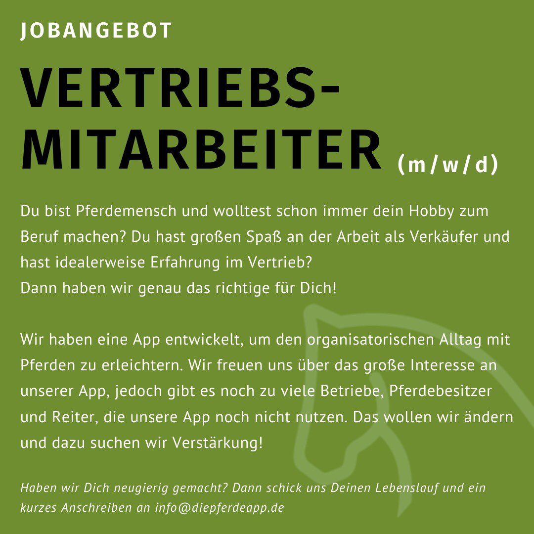diepferdeapp's tweet photo. Wir suchen Verstärkung im Vertrieb!
***GERNE TEILEN!***

Bei Interesse melde Dich gerne bei uns unter info@diepferdeapp.de 😊
🐎

Wir freuen uns auf Dich!

#stellenanzeige #stellenangebot #job #jobangebot #beruf #jobsuche #bewerbung #praktikum #startups https://t.co/sqq37ZiQ1f