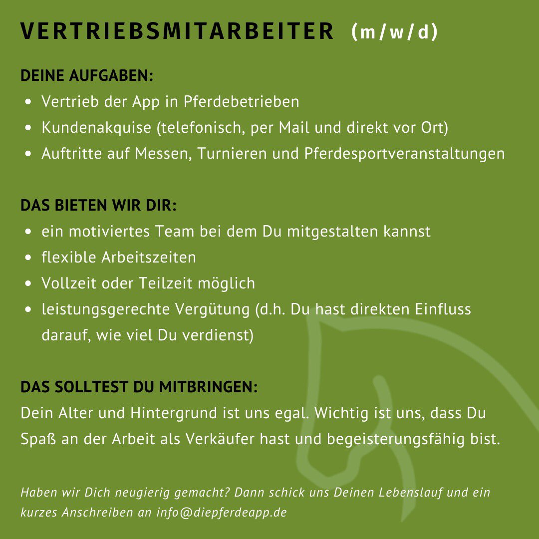 diepferdeapp's tweet photo. Wir suchen Verstärkung im Vertrieb!
***GERNE TEILEN!***

Bei Interesse melde Dich gerne bei uns unter info@diepferdeapp.de 😊
🐎

Wir freuen uns auf Dich!

#stellenanzeige #stellenangebot #job #jobangebot #beruf #jobsuche #bewerbung #praktikum #startups https://t.co/sqq37ZiQ1f
