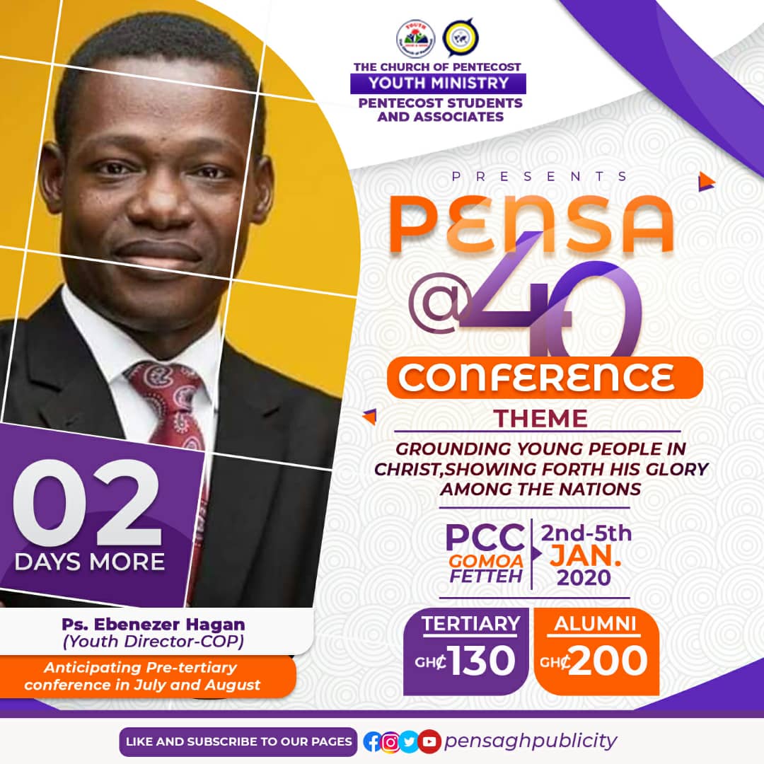 PreechMedia's tweet photo. #PM_ExclusiveCountdown
#PENSA40
#TertiatyConference
02 DAYS MORE
PENSA @40 TERTIARY CONFERENCE
๐ 2nd - 5th January, 2020
โช Pentecost Convention Centre, Gomoah Fetteh
Rate:
Ghc130 - Tertiary
Ghc200 - Alumni https://t.co/aHVGeWpbpc