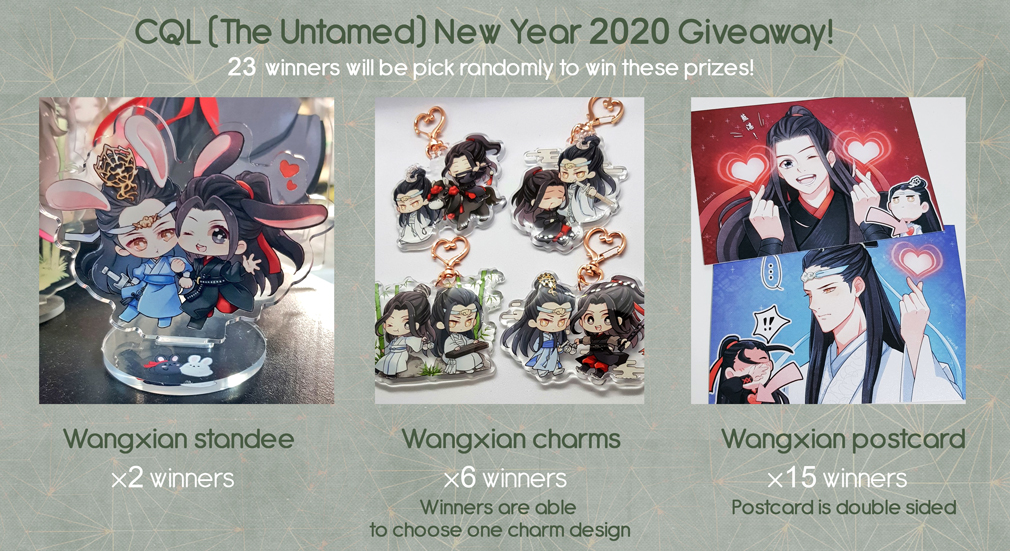 manda_dayoyo's tweet photo. Hey everyone~ I'm doing a CQL (The Untamed) New Year 2020 Fanmerch Giveaway! Come &amp; participate!

1. Like &amp; retweet❗️ 
2. Only followers will be pick as winners (Follow my acc to join)❗️

23 random winners will receive the prizes~ Good luck! °✧���(⁰▿⁰)◜✧° #陈情令 #TheUntamed https://t.co/3H7Ov1h8Kg