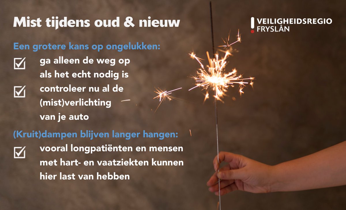 Vannacht wordt er mist voorspeld! Dat vergroot de kans op (verkeers)ongelukken, en kruitdampen blijven langer hangen. Dat laatste is vooral voor longpatiënten en mensen met hart- en vaatziekten vervelend. Ben jij goed voorbereid op mist? Check ook op bit.ly/2QA6F49