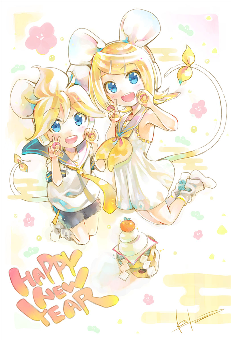 kagamine len ,kagamine rin 1girl new year chinese zodiac yellow necktie year of the rat 1boy swept bangs  illustration images