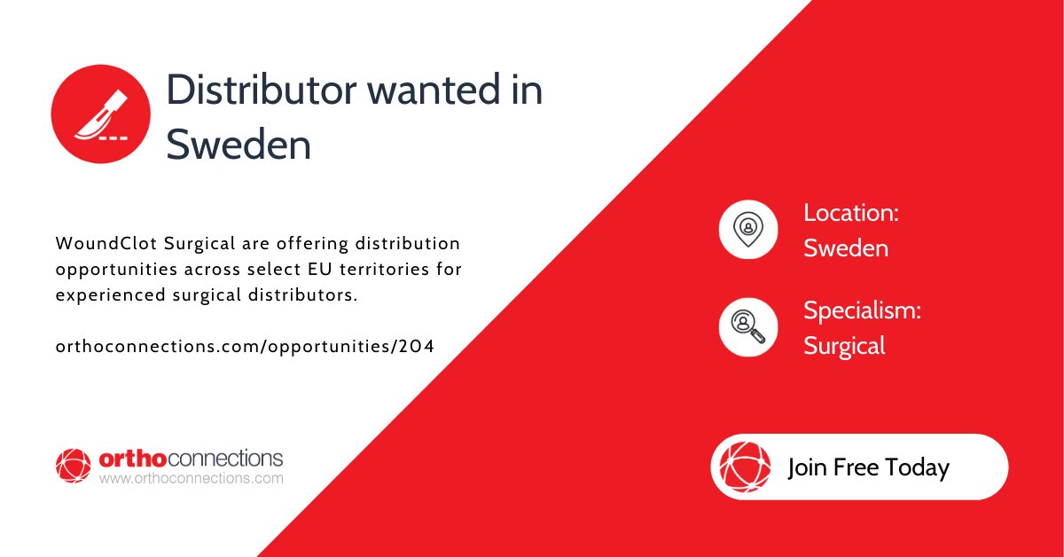 orthoconnection's tweet image. 🔴Distributor wanted in Sweden.🔴

WoundClot Surgical are offering distribution opportunities across select EU territories for experienced surgical distributors.

Full opportunity and contact details can be found here- orthoconnections.com/opportunities/…

#Trauma #MedTech #Surgical