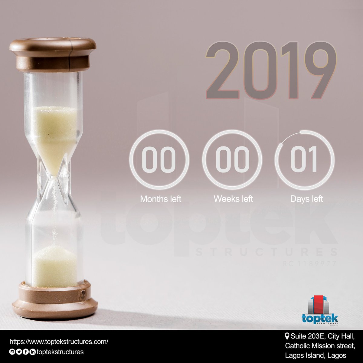 toptekstructure's tweet photo. It's one day to 2020
We are grateful for having great customers and wonderful followers, you've all been awesome. Thanks for being there all through 2019. See you with more packages in 2020.
Tell us what you are grateful for in 2019
#TOPTEK #gratitude #2020insight #Goodbye2019 https://t.co/D0Me30W23p