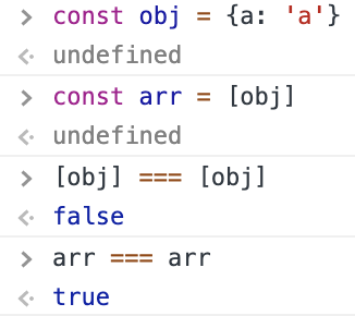 #javascript Don't let `arr === arr` fool you into thinking `[obj] === [obj]` can work. 😭