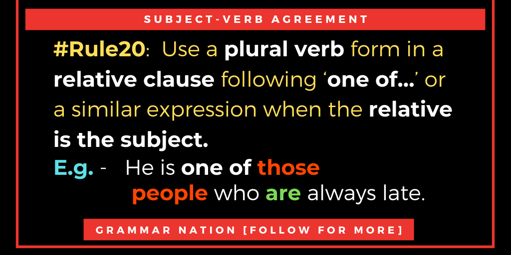 btcaltSniper's tweet photo. Subject-Verb Agreement #Rule20 #happynewyear2020
#English #englishgrammar #grammar #ESL #LearnEnglish 10 Rules Of Grammar Everyday #HappyNewYear https://t.co/srLL5Y1Thw
