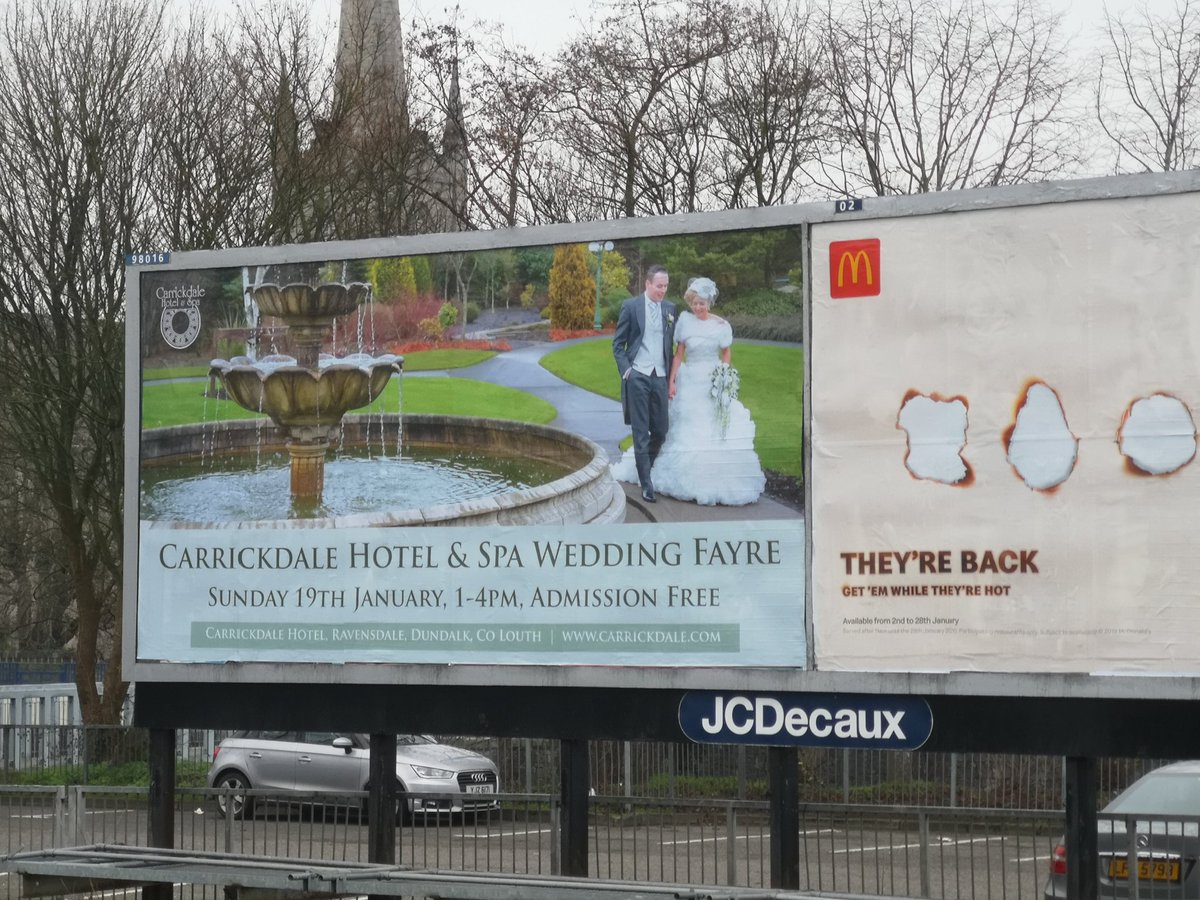 PhilipMcEvoy82's tweet photo. Nice of @CarrickdaleHote to have photo of our wedding day on a billboard in Newry just to ensure I don't forget that today is our 7 year anniversary! #lifesaver #someservice 😜 https://t.co/kY4eLh6FZs