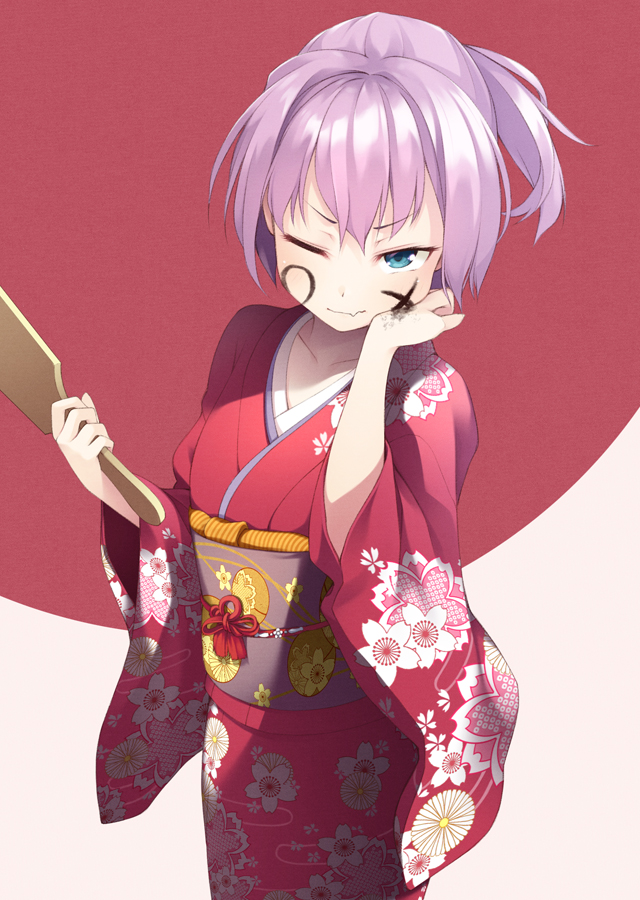 shiranui (kancolle) 1girl solo japanese clothes one eye closed kimono blue eyes facepaint  illustration images