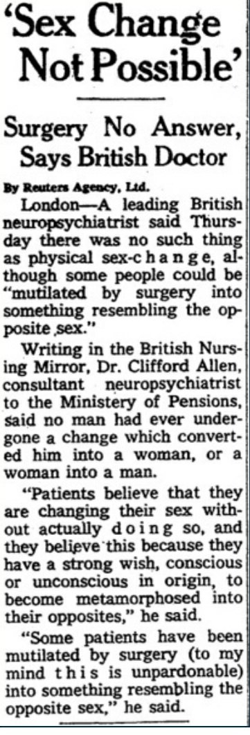 A doctor writing to a newspaper in 1963 to express his concerns over 'sex-change' surgery.