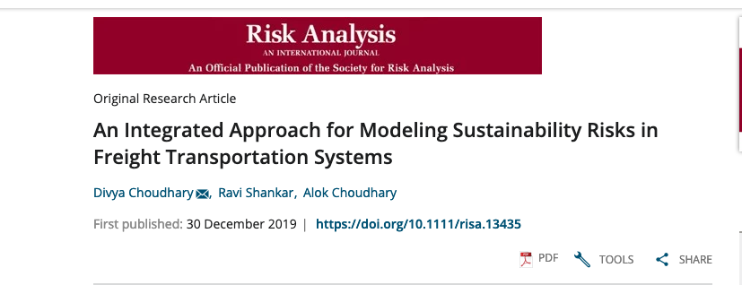 alok_choudhary's tweet photo. Our research Modeling Sustainability Risk in Freight Transportation published in @CharteredABS #ABS4 "Risk Analysis". @SocRiskAnalysis First-ever research to model #sustainabilityrisk 
#collaboration #India @iitdelhi @iim_sambalpur @LboroSBE @lborouniversity #Impact @lboroalumni https://t.co/jY7wYtxYJd
