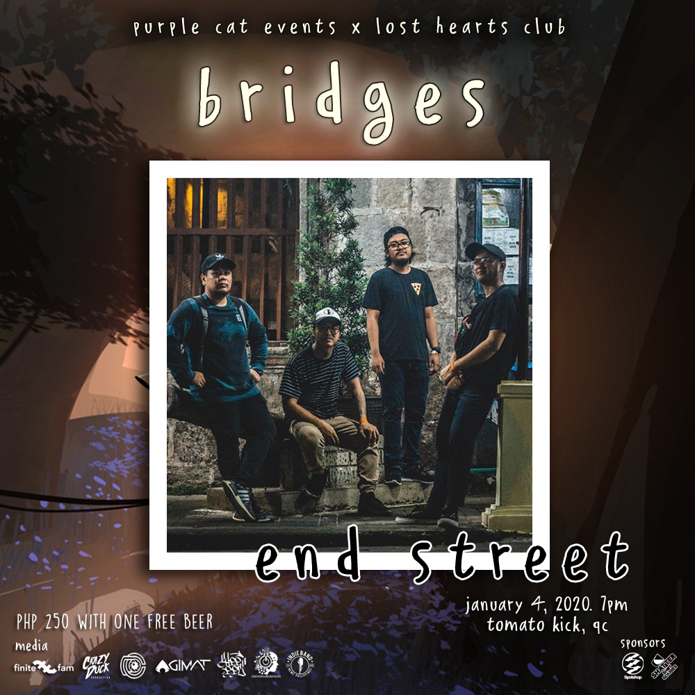 PurpleCatPh's tweet photo. @finitefam @crazyduckprod @OfficialSaydie @thelockpickers @lemlunaymusic @Spotshop2 @Appppc_48 End Street is a sweet blend of new school pop-punk with some nostalgic vibe from the early 2000's. Watch them perform live on January 4, 2019, at TK Morato for PCE &amp; LHC's Bridges! Admission is P250 with 1 FREE Beer!

#PCEgigs #purplecatevents #MusicMNL #OPM #Bridges2020 https://t.co/3zzwaEBiJq