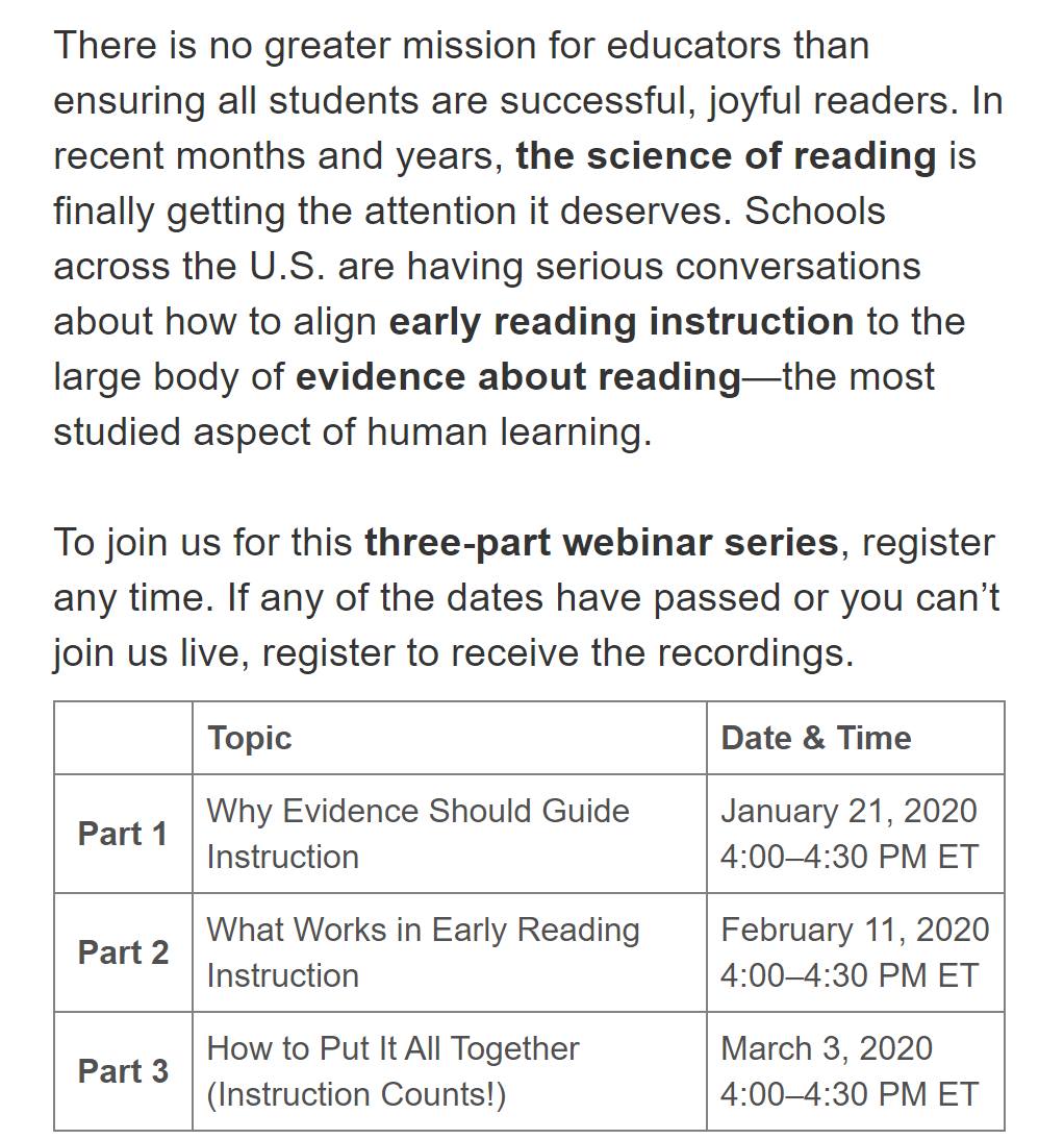 Laura Stewart, <a href="/reading_league/">The Reading League</a>'s amazing National Director, is presenting this 3-part webinar series: the why, the what, and the how of evidence-aligned reading instruction. The series of quick, 30 minute sessions is hosted by <a href="/ZanerBloser/">Zaner-Bloser</a> To register: bit.ly/2sslNsk