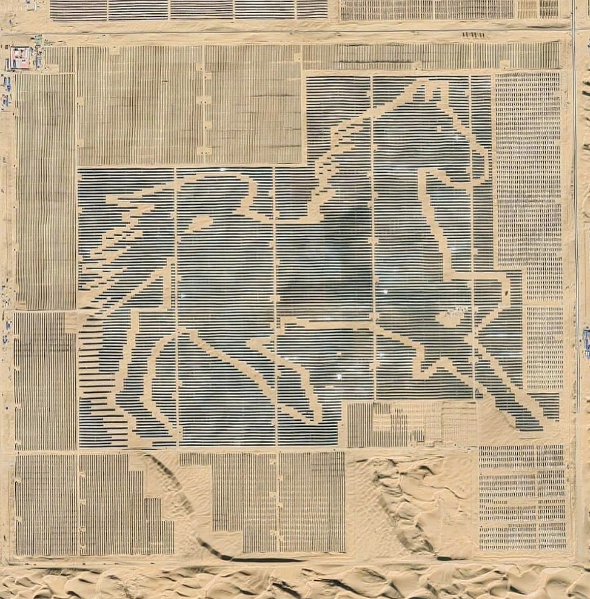 Genr8io's tweet photo. The solar farm consists of 196,320 solar panels and is the size of 195 football pitches. It's also the world's largest solar panel image. The impressive project is set to power more than three million Chinese homes
Source: @solar24news 
#renewableenergy  #gosolar #solarpanel https://t.co/67DD35XHRP
