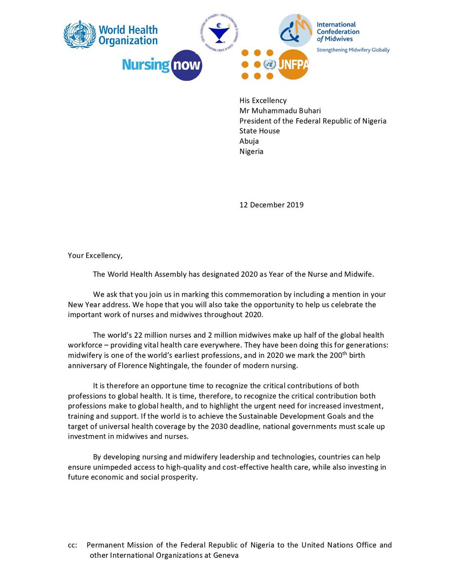now_nigeria's tweet photo. 1. On December 12, 2019, a powerful team of global health leaders jointly signed a very   important letter with an unprecedented request (letter attached).
 #Nurses2020
#Midwives2020
#NursingNow
#NightingaleChallenge
#YearoftheNurseandMiddwife
#HealthForAll https://t.co/H7cQy6thqQ