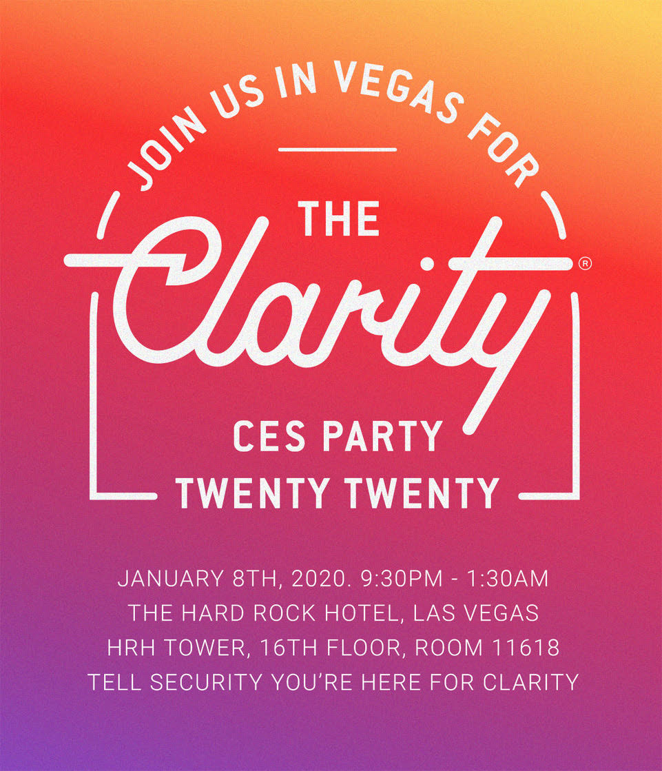Going to #CES2020? Come join us Wednesday evening and meet the wider Clarity team, clients, colleagues and media. You’re welcome! 

bit.ly/2Faw7bq