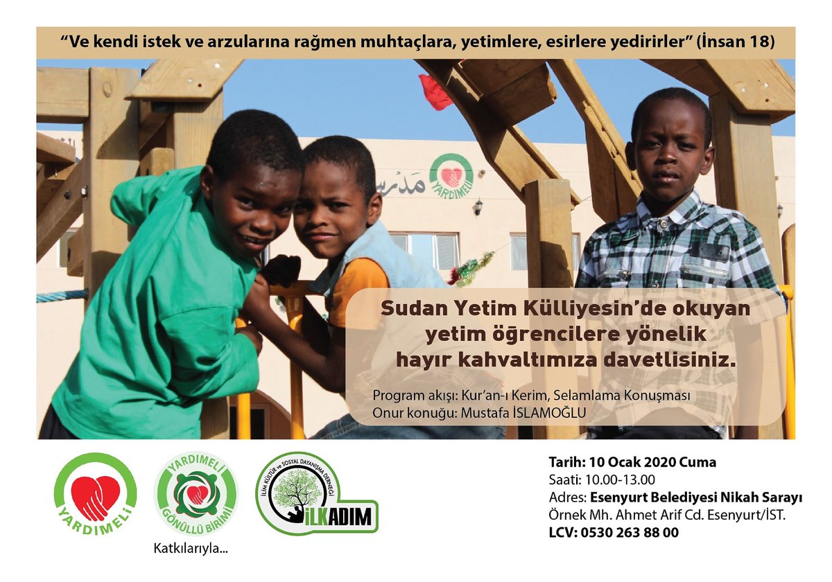 Sudan Yetim Külliyesindeki yetim öğrenciler için düzenlediğimiz Hayır kahvaltısına desteklerinizi bekliyoruz. 
(Bilet bedeli 40 TL)

#İlkadımDerneği #Hanımlarkomisyonu #gençgah #cıvıltıçocuk #facebook #twitter #instagram #YouTube #genç #Esenyurt #haber #eğitim #etkinlik #Cuma