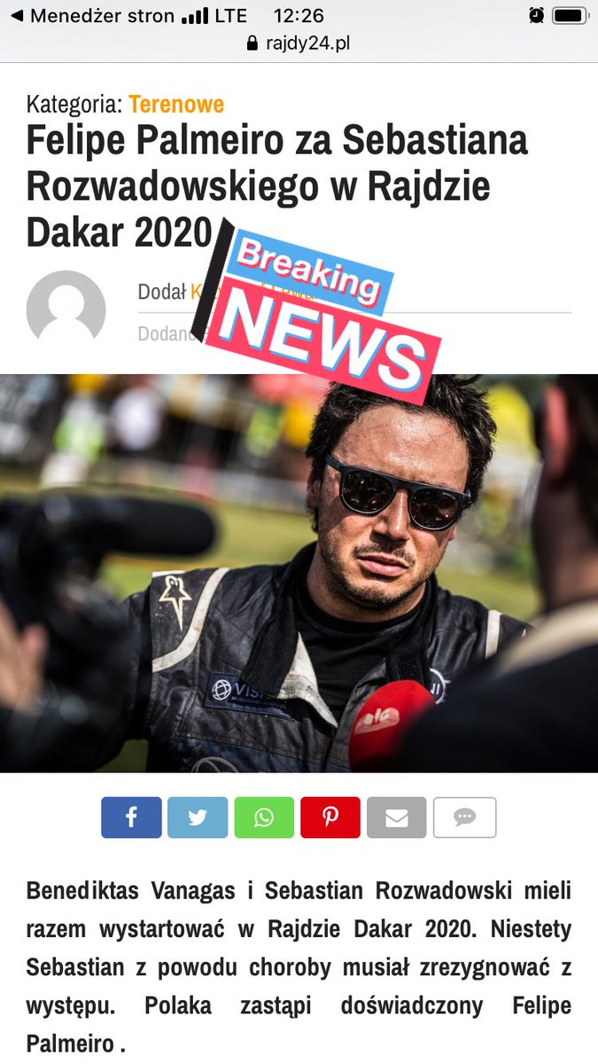 Bardzo dobra wiadomość. Strata pilota dla zespołu to duży cios. Trzymamy kciuki za Sebastiana Rozwadowskiego.
Więcej na <a href="/Rajdy24/">Rajdy24.pl</a> 
#Dakar2020 #BREAKING #BreakingNews #rally #crosscountry