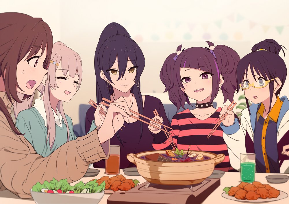 shirase sakuya ,tanaka mamimi ,tsukioka kogane ,yukoku kiriko multiple girls chopsticks 5girls twintails glasses brown hair food  illustration images